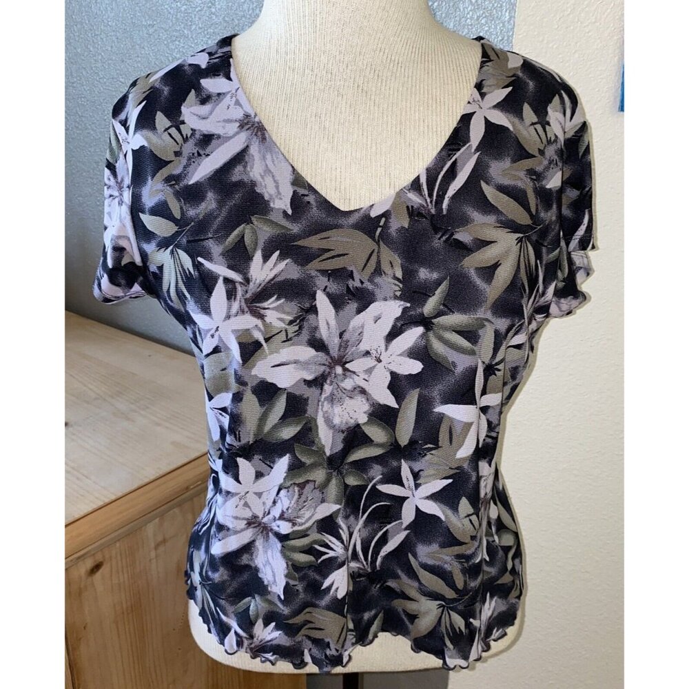 Kathy Ireland Blouse Women’s Size Large Floral Print Lined‎ Black White Olive